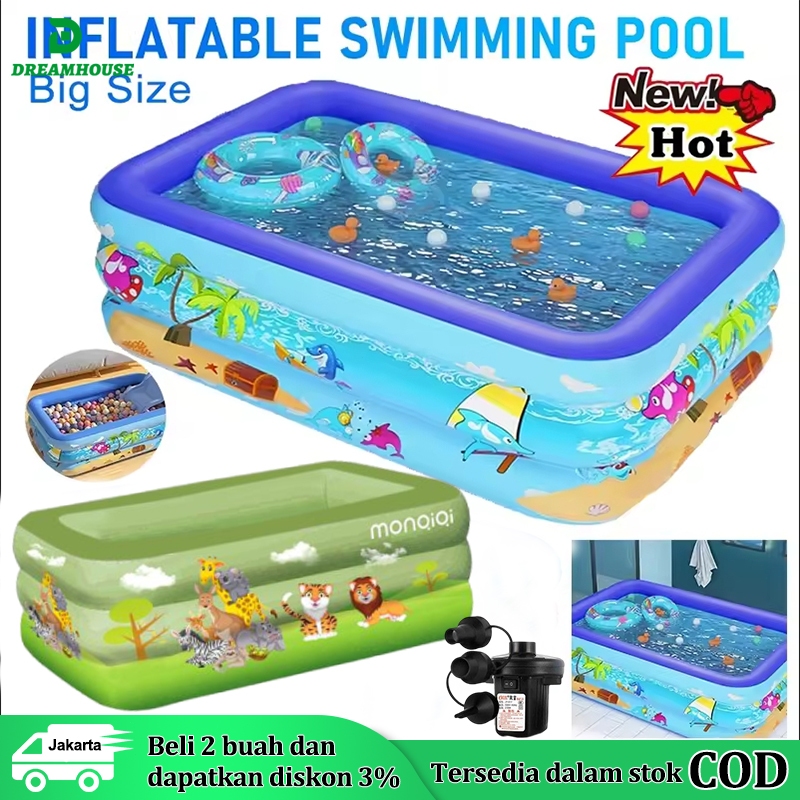 Kolam Renang Anak Jumbo 3 Rings Dan Bayi Tiup Karet Besar Family Inflatable Swimming Pool Luar Ruangan 180Cm/150Cm/120Cm