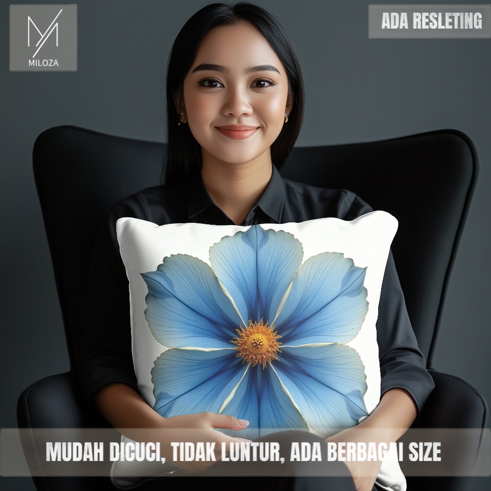 Sarung Bantal Motif Bunga Estetik Biru FLW 17 - Tebal Kualitas Premium Full Printing Anti Luntur