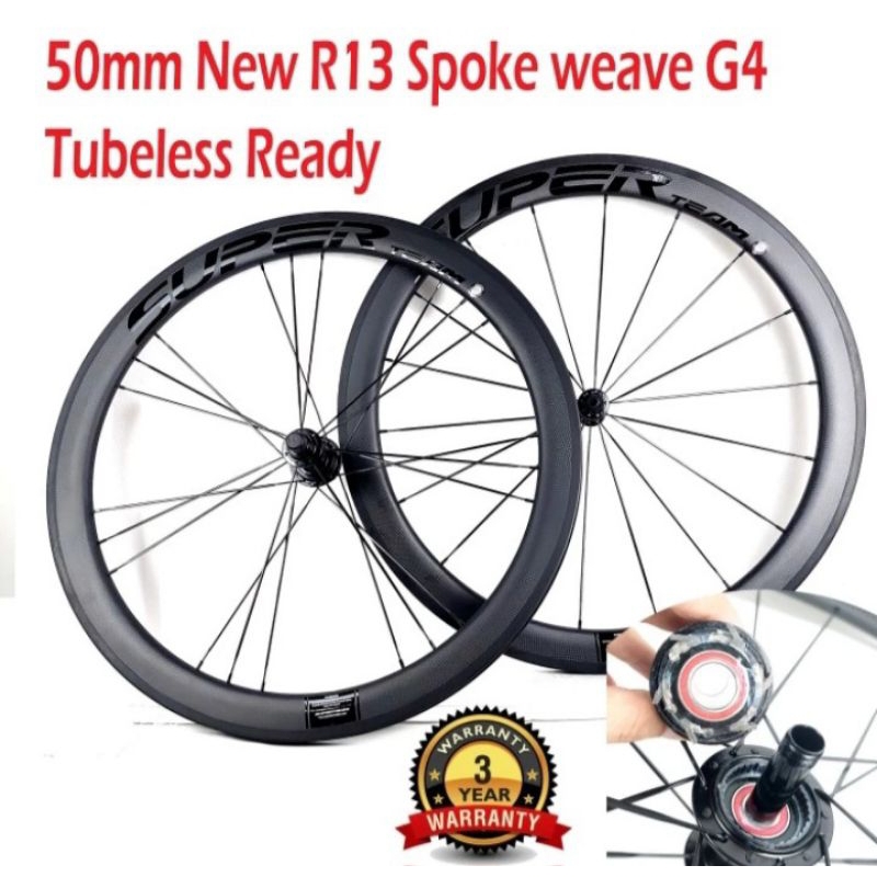 WHEELSET ROADBIKE SUPERTEAM RIMBRAKE CARBON 50MM NEW R13 SPOKE WEAVE G4 TERBARU