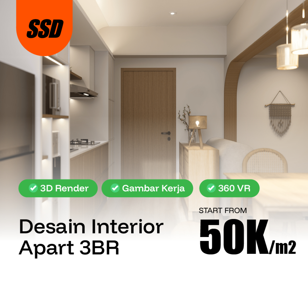 JASA DESAIN INTERIOR APARTEMEN 3BR | 3D, 360 VIEW, GAMBAR KERJA