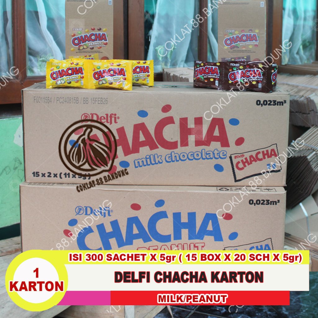 

DELFI CHACHA MILK CHOCOLATE KARTON ISI 300 PCS SACHET X 5GR, COKLAT DELFI CHACHA PEANUT RENCENG 5GR KARTONAN