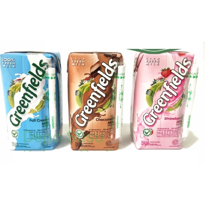 

Minuman Kemasan Susu Cair UHT Greenfields 250 Ml x 8 pcs Rasa Strawberry, Chocomalt, Full Cream