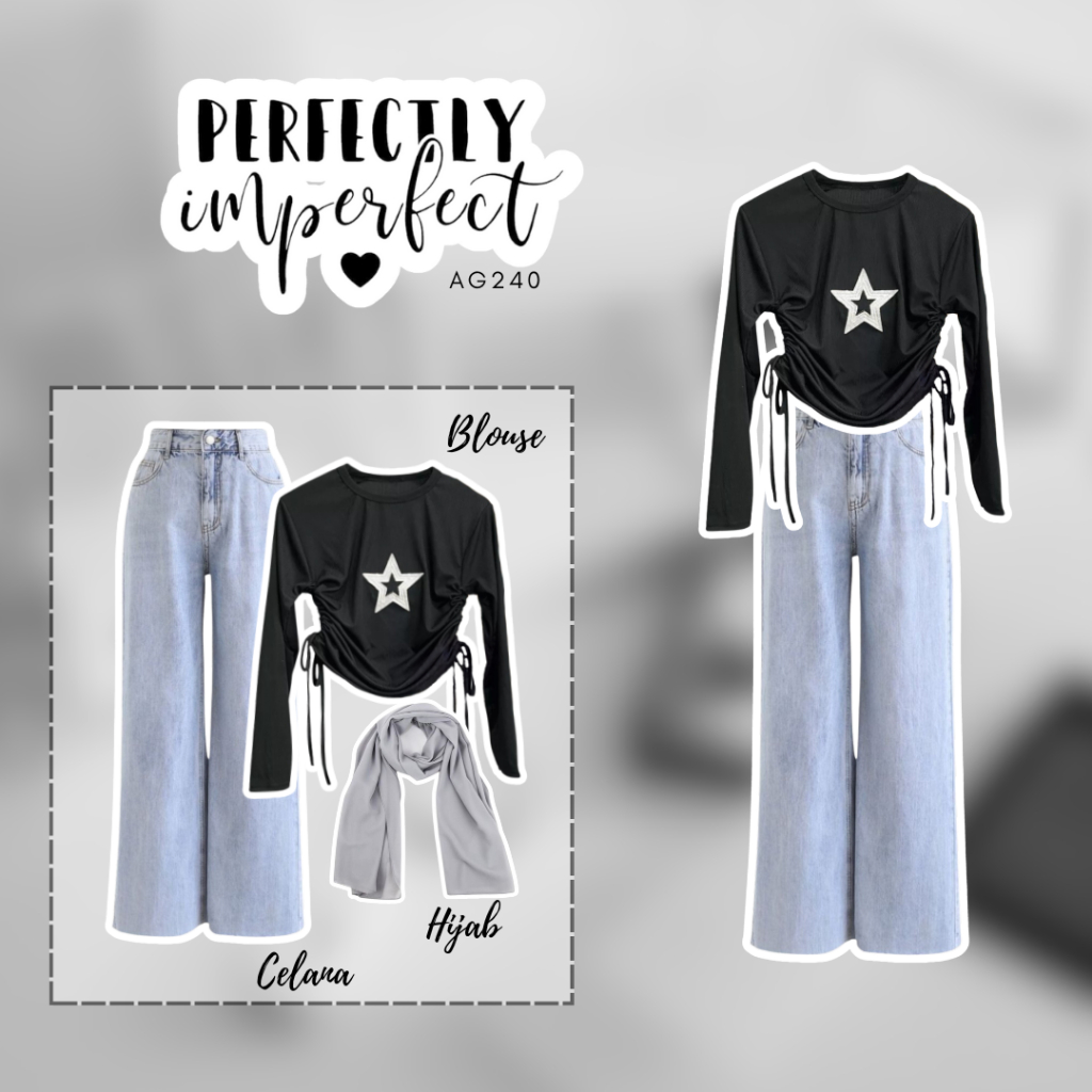 Korean Outfit Kekinian OOTD One Set 3in1 Korean Style | Blouse + Celana Jeans + Hijab | Outfit Ngopi