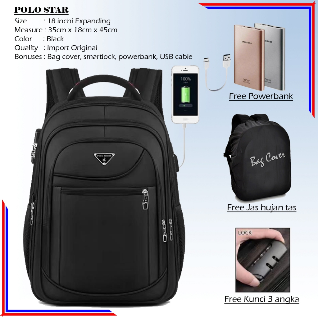 POLO STAR ORIGINAL IMPORT TAS PRIA TAS RANSEL LAPTOP SIZE 18 INCHI TAS BACKPACK PRIA IMPORT TAS POLO