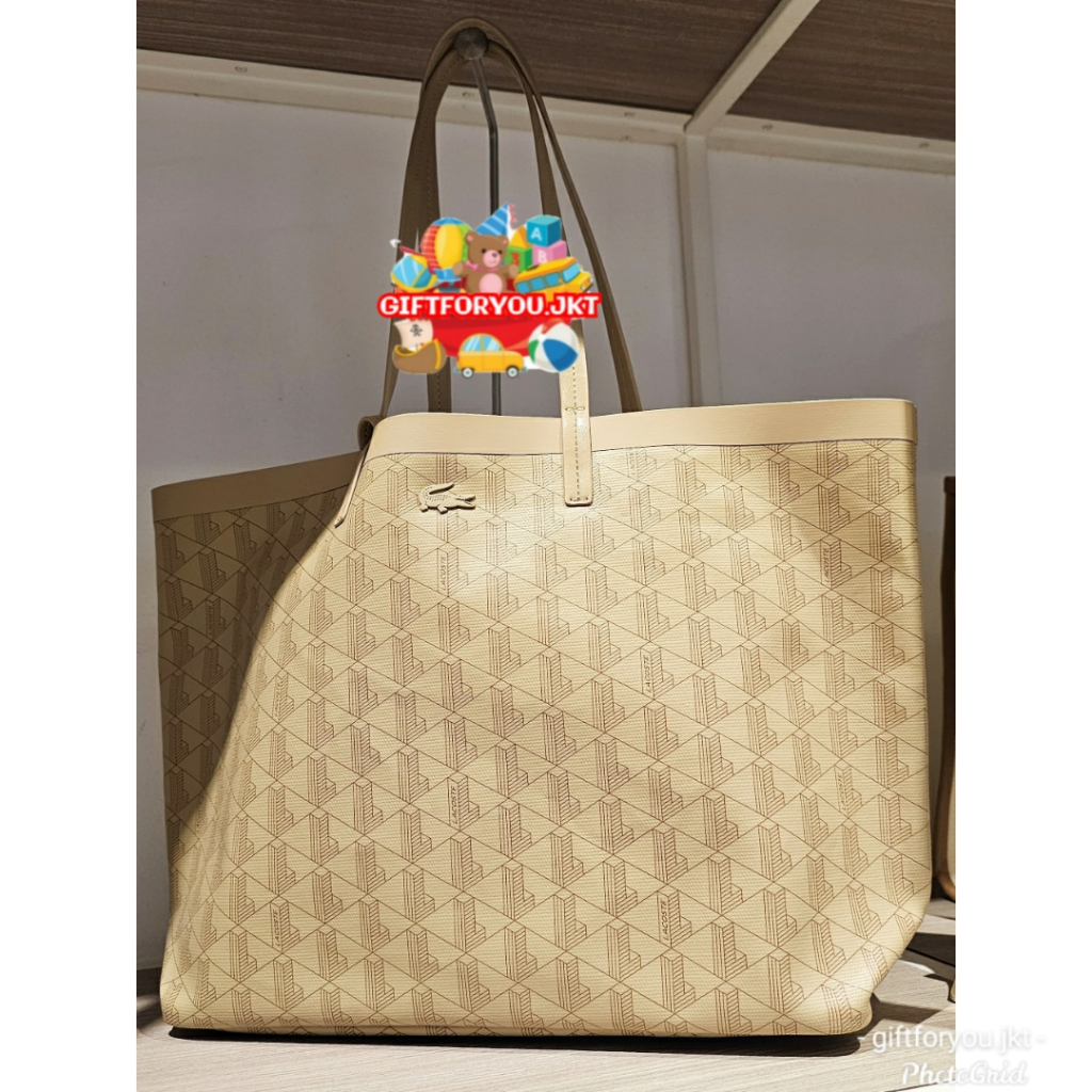 Lacoste Zely Coated Canvas Monogram Large Tote Bag Beige Tas Wanita Fashion Shoulder Perempuan Woman