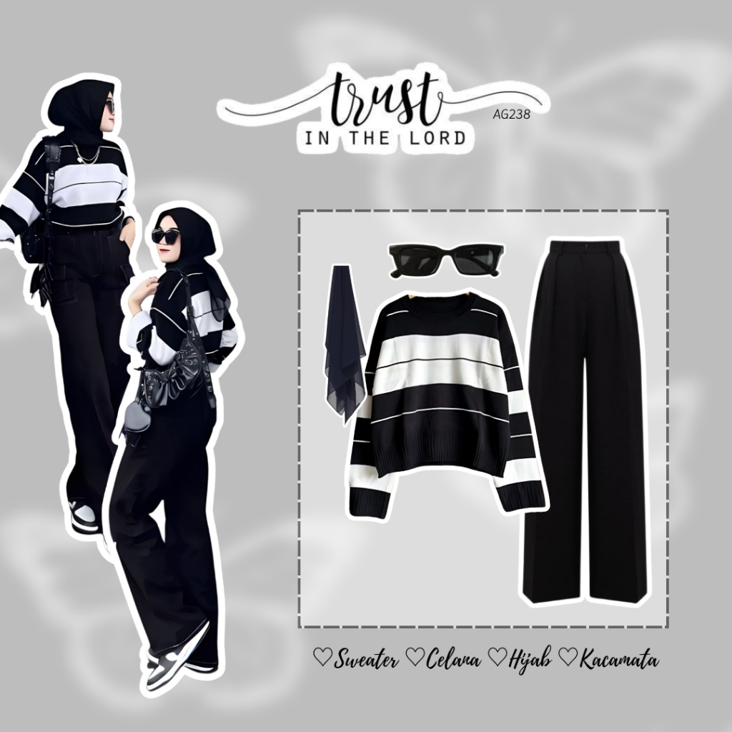 Set Pakaian Wanita Korean Style 3in1 Terbaru: Sweater Rajut, Celana, Hijab Sifon, dan Kacamata untuk