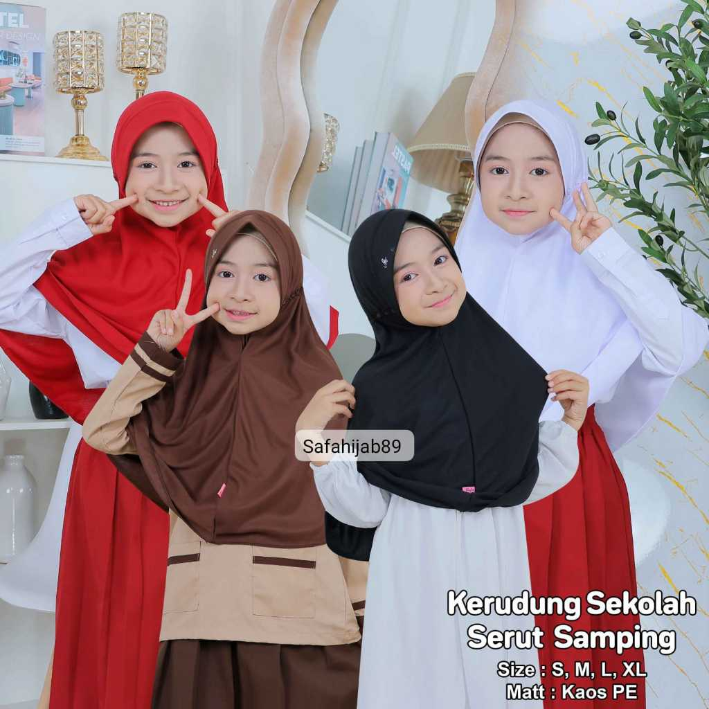 PREMIUM KERUDUNG SEKOLAH SERUT SAMPING KERUDUNG ANAK TK, SD SIZE S,M SEMUA WARNA SAFA HIJAB