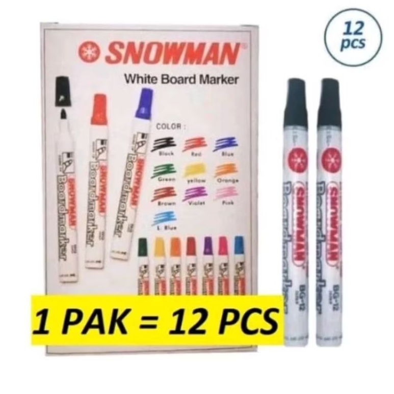 Spidol snowman whiteboard BG12 warna hitam 1 kotak 12pcs