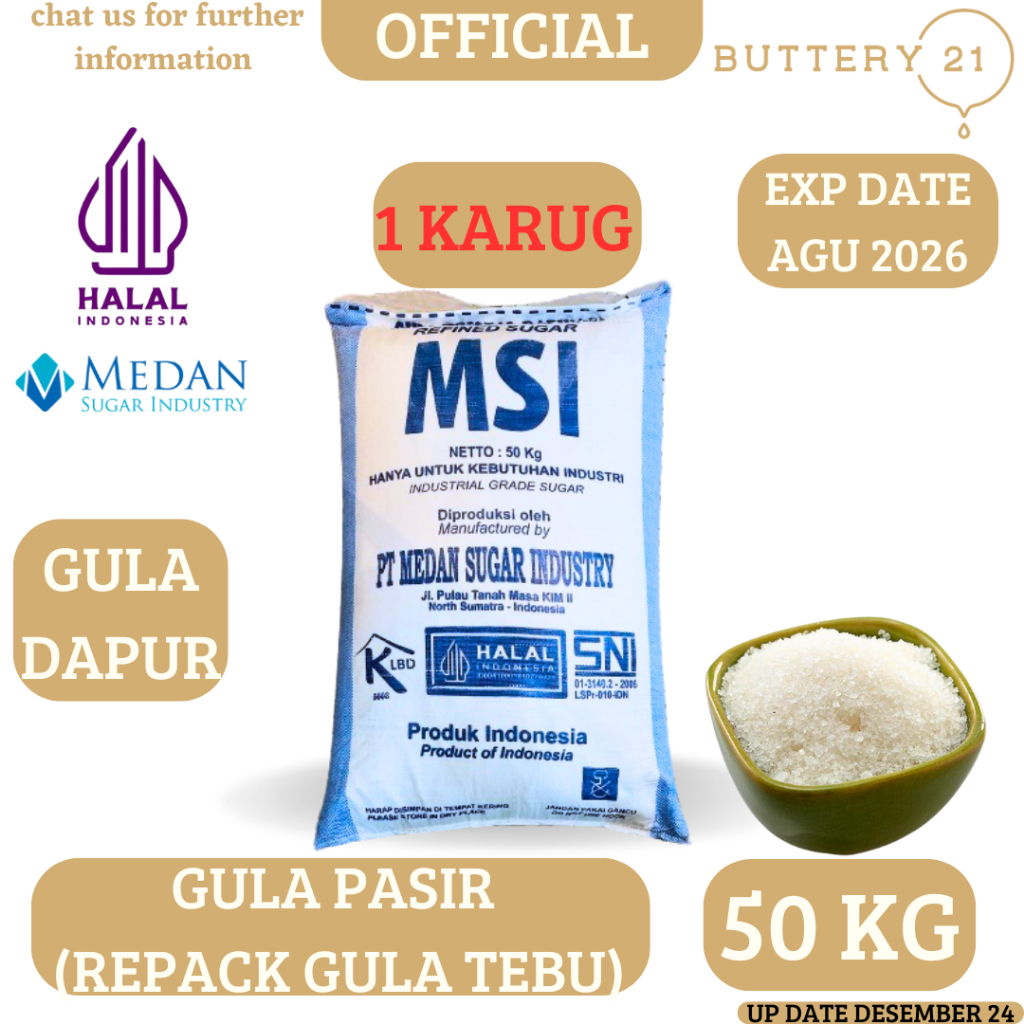 GULA PASIR 50 KG(1 SAK)/GULA PUTIH/GULA DAPUR/SUGAR/GULA TEBU PUTIH/1 KARUNG(50 KG)