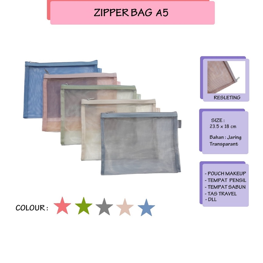 

Zipper Bag A5 / Tempat Pensil / Zipper Map / Tas Makeup / Kotak Pensil / Tas Jaring Resleting / Pouch Dompet A5