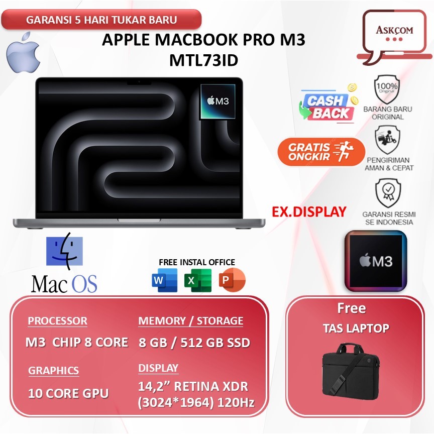 APPLE MACBOOK PRO 14 M3 8Core CPU 10Core GPU 8GB 512GB 14.2"inci RETINA XDR SPACE GREY -EX DISPLAY
