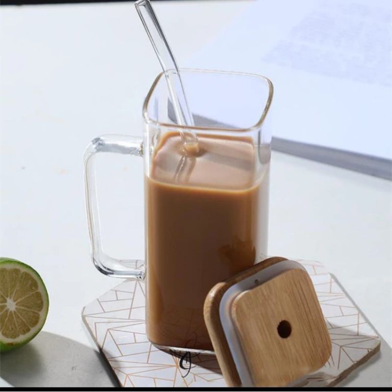 gelas kaca kotak tutup kayu aesthetic 350ml sedotan kaca
