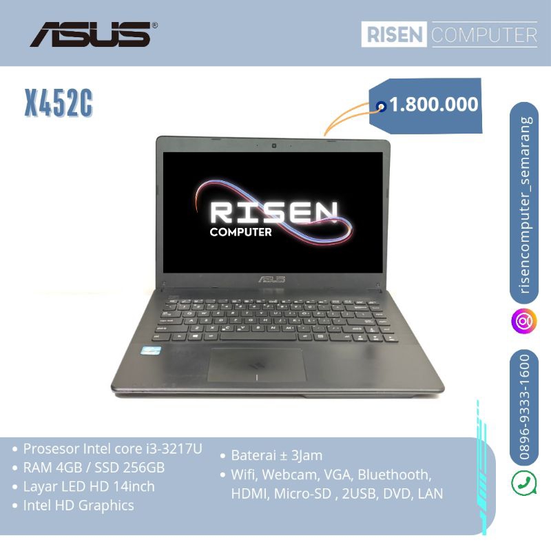 Second LAPTOP ASUS X452C Intel Core I3-3217U RAM 4GB SSD 256GB 14inch Notebook Seken Bekas Murah