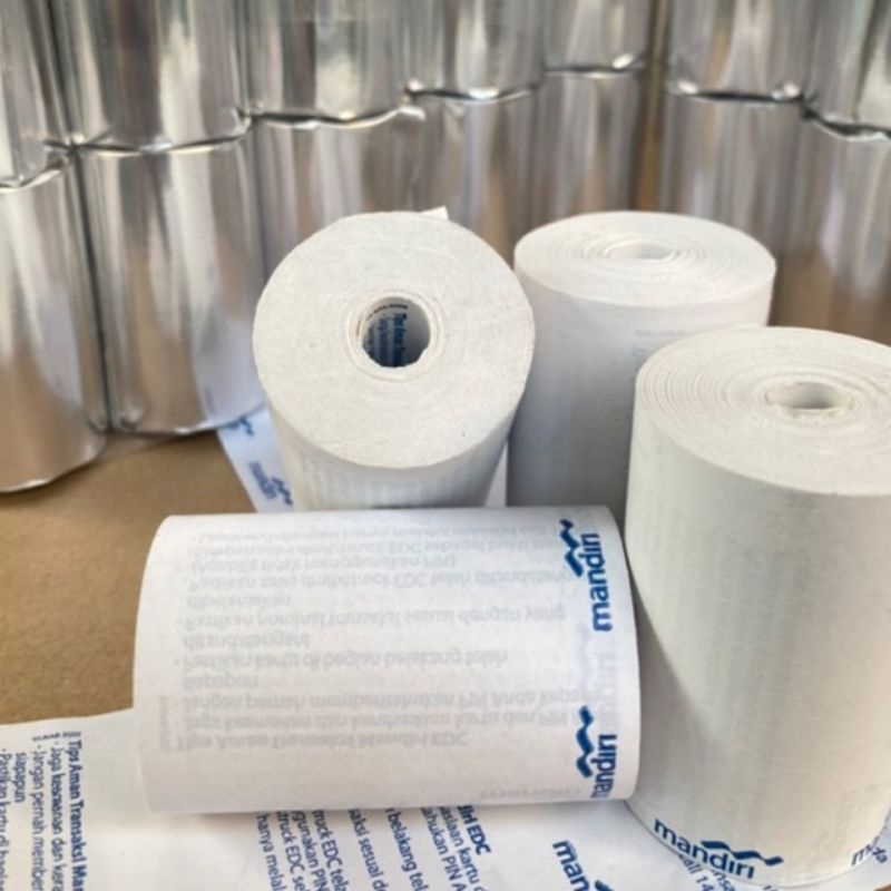 

kertas thermal 58 / 57 x 35 mm struk 57x35 / 58x35mm logo mandiri panjang 20 m