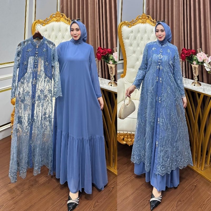 Terbaru✓✓ Dania Dress // Set Gamis + Rompi Brukat lepas pasang
