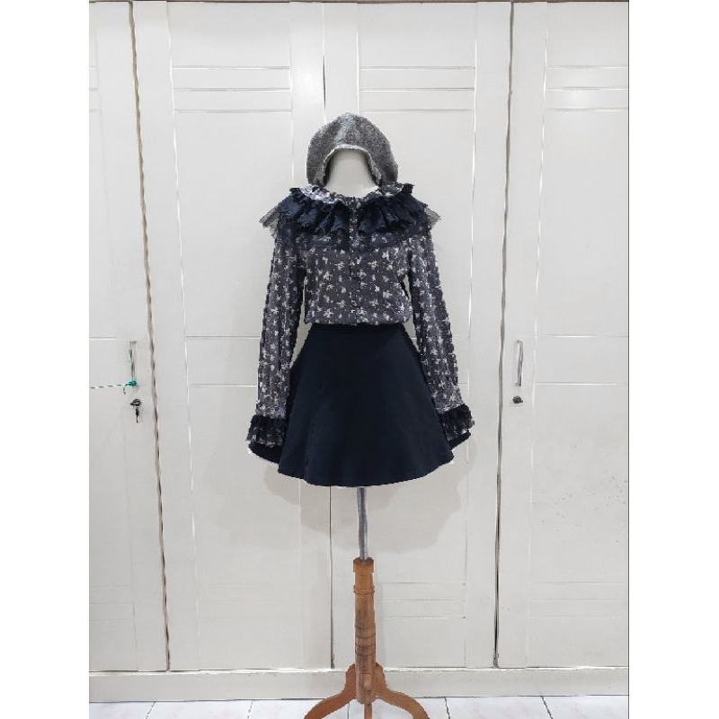 vintage flower blouse|Blus Motif Bunga Lengan Panjang Hitam dan Polkadot| kawai kawaii liz lisa roji