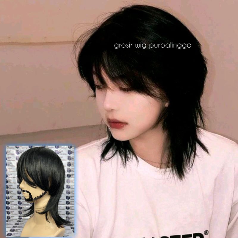 WIG PRIA KOREA RAMBUT PANJANG SEBAHU WARNA HITAM GAYA WOLFCUT KOREA