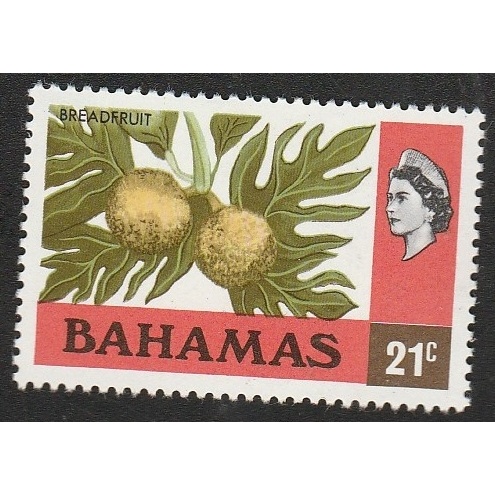 

A 11363 SATU BUAH PRANGKO BAHAMAS NOMINAL 21C TEMA QUEEN ELIZABETH DAN BUAH BREAD FRUIT DENGAN KONDISI MNH MINT NEVER HINGED