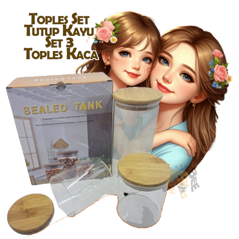 Toples Set Tutup Kayu Set 3 Toples Kaca Dus Hard Case