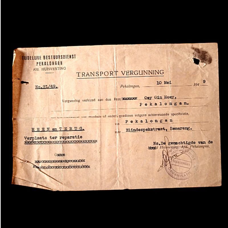 

Antik Kwitansi Lama TRANSPORT VERGUNNING TIJDELUKE BESTUURSDIENST 1949