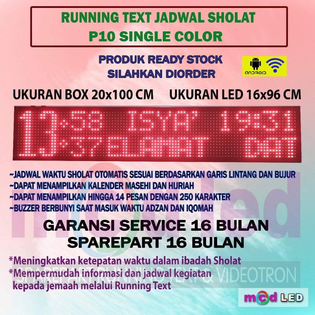 JAM SHOLAT MASJID RUNNING TEXT JWS JADWAL SHALAT SOLAT DIGITAL MASJID P10 MERAH 16X96 PIXEL 20X100 C