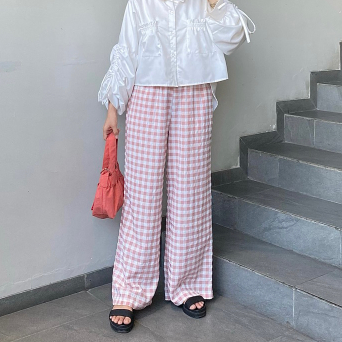 Celana Kulot Wanita Big Size Bahan Crinkle Kotak-Kotak