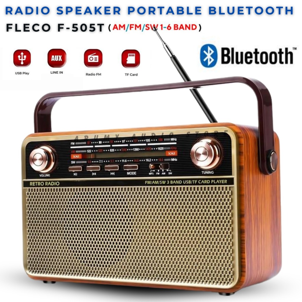 Radio Speaker Bluetooth Jadul Mp3 Fleco F-505t | Radio Retro 3 Band Fm/Am/Sw/ Radio Digital Portable