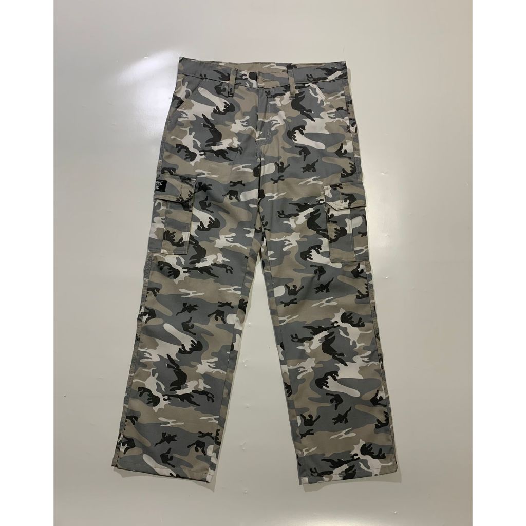 Celana Cargo Loreng Grey Putih Gombrang Lost Fit Original / Cargo Pants Camo Loreng Putih Reguler