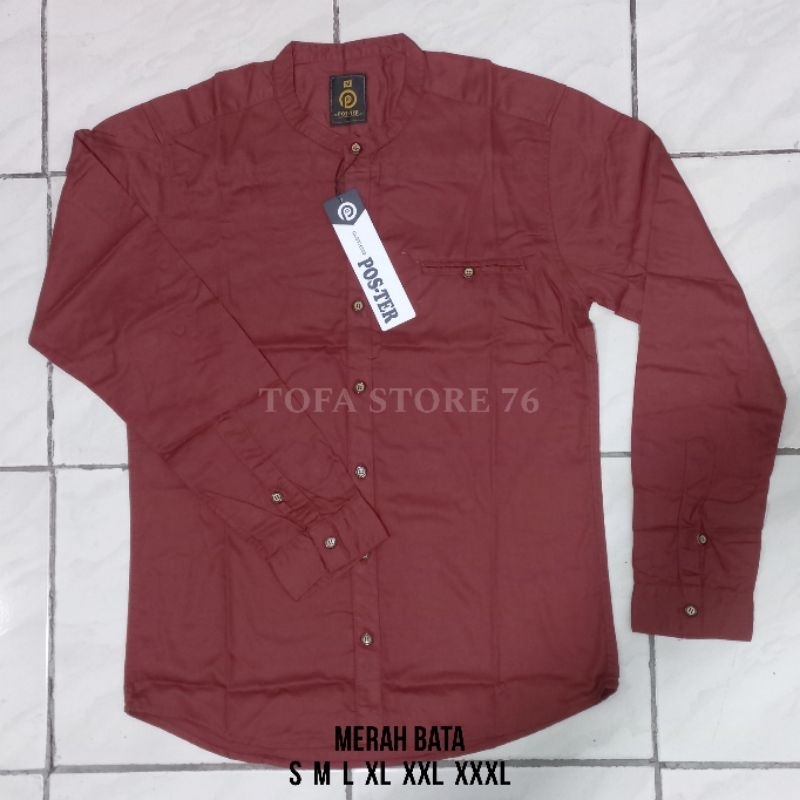 Kemko POS-TER Kemeja Koko Polos Merah Bata Lengan Panjang kerah Sanghai Pria Dewasa High Quality