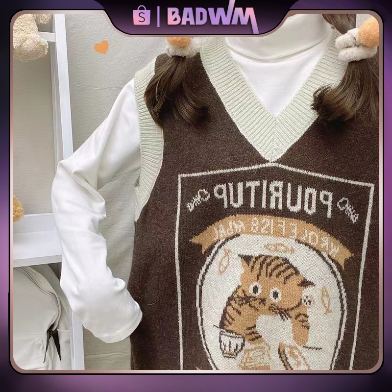Rompi Sweater Luar Memakai Wanita Musim Gugur Korea Longgar Leher V Tanpa Lengan Kontras Warna Rajut