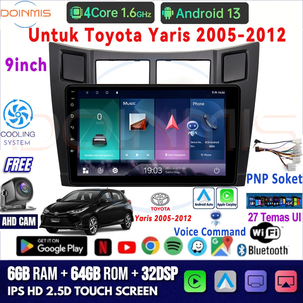 LALAHOO Untuk Toyota Yaris 2005-2012 6G+64G Android 13 Head Unit Termasuk Frame/PNP Soket 9 Inch IPS