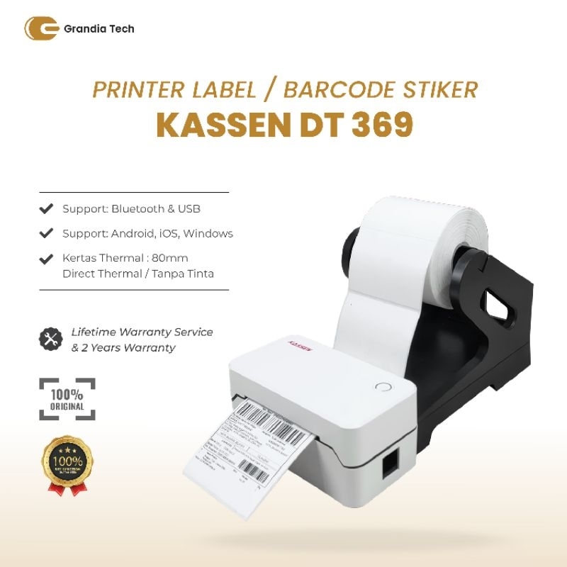 KASSEN DT-369 Printer Barcode | Resi Thermal | Bluetooth USB | Cetak Resi Marketplace