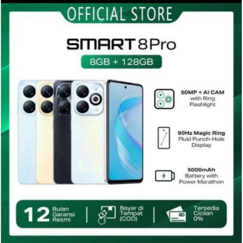 【100 Garansi】 INFINIX Smart 8 Pro RAM8GB+ROM128GB 5000aMh 2024 android Garansi resmi 7.5inci hp prom