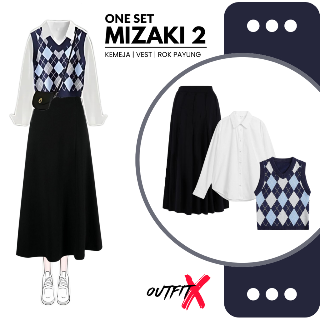 OUTFIT Wanita Korean Style One Set Mizaki 2 OOTD Kekinian Setelan Kampus Kemeja Vest Rok Payung