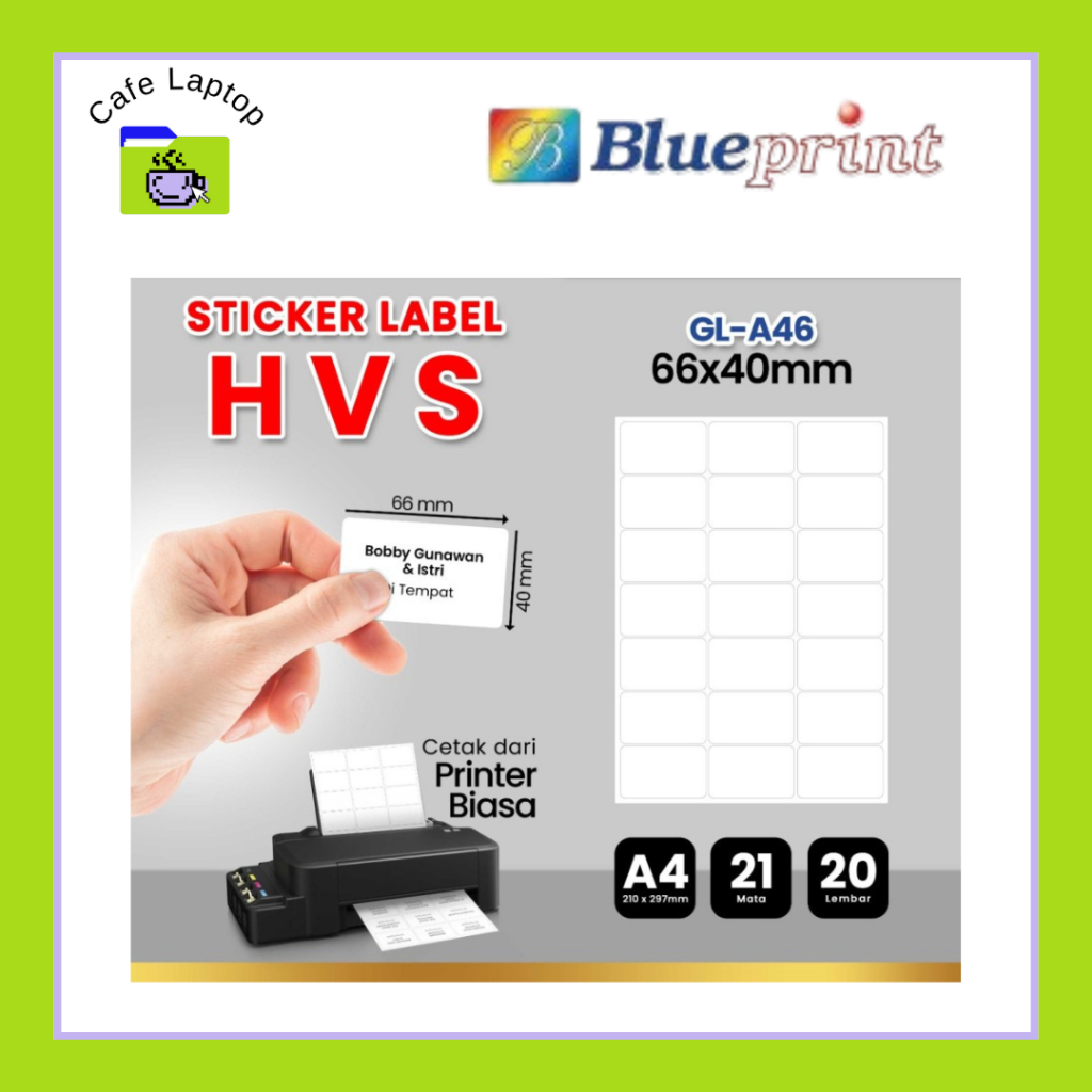 

Kertas Stiker Label HVS Doff A4 BLUEPRINT Uk 66 x 40 mm - 20 lembar