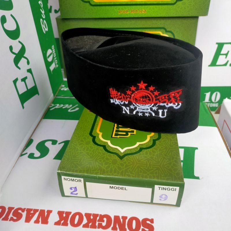 Songkok Hitam Bludru NU Merah Putih Nomor 2 Tinggi 9 | Peci Kopyah Kupluk Nasional Al Bayyinah Logo 