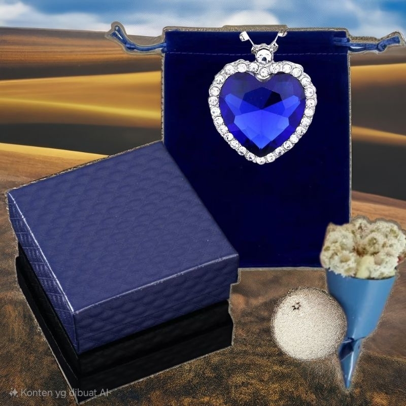 SET GIFT BOX VALENTINE KALUNG LOVE HEART BLUE OCEAN SILVER PERAK PERTAMA BERLIAN IMITASI BATU BIRU F