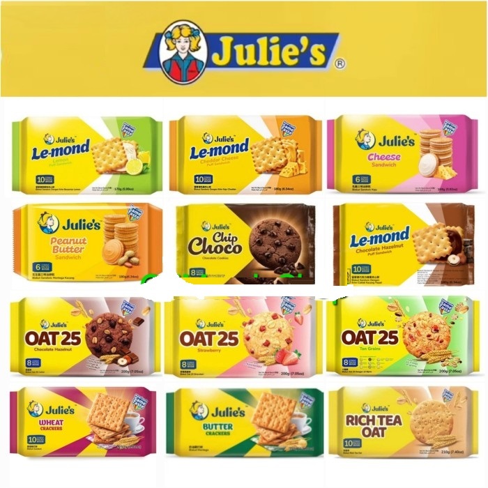 

Julie's Biscuit Import 210 Gr Puff Sandwich Le-Mond Chocolate Hazelnut, Lemon, Cheddar C, Sandwich Cheese, Peanut Butter, Oat 25 Ten Grains, Strawberry, C.H, Crackers Wheat, Sugar, Butter, C., Charm Tiramisu, Double C. Assorted, Waffles, Rich Tea Oat