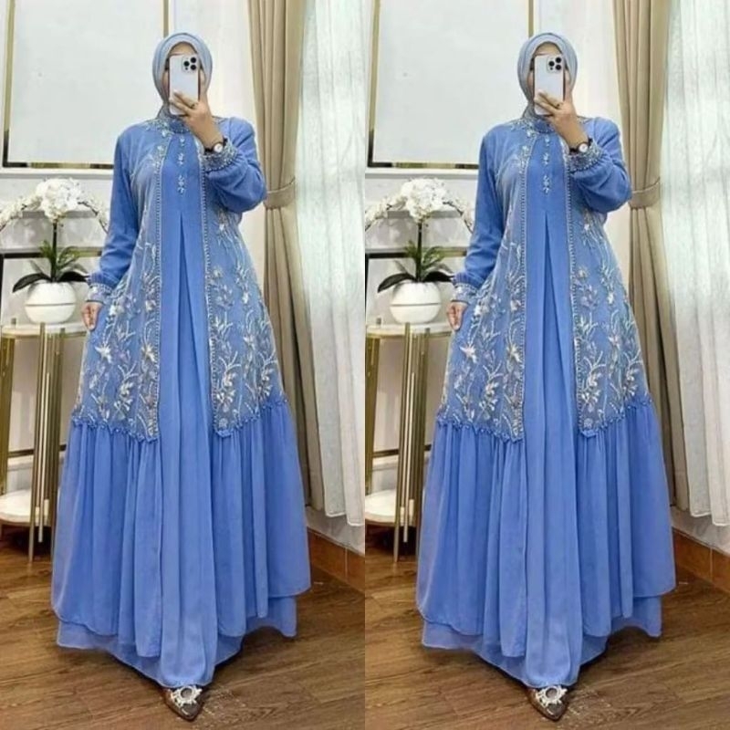 Alluna - gamis dress jumbo ceruty baby doll mix brukat M L XL XXL full furing warna biru denim jeans