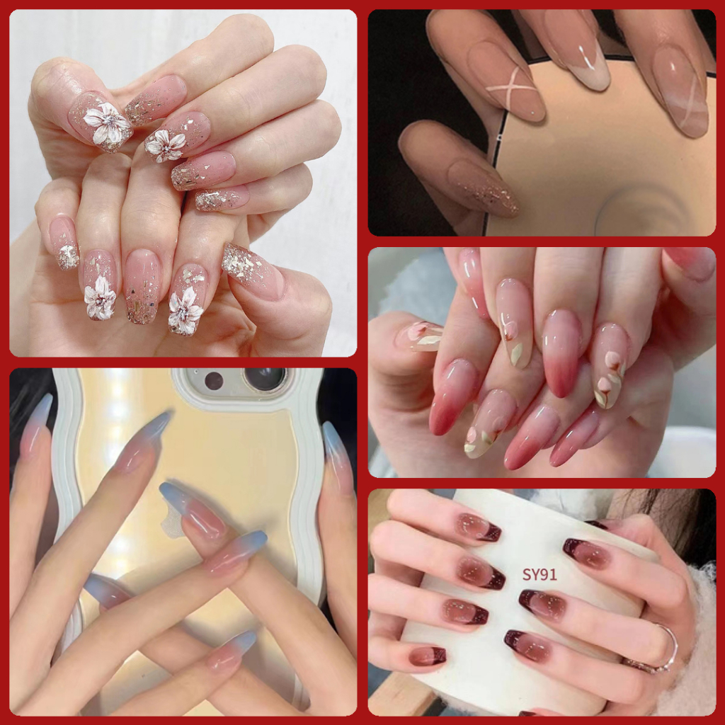 SANYOU kuku palsu glitter kamelia alami retro kuku palsu panjang 24 pcs /1 kotak/ lem gratis