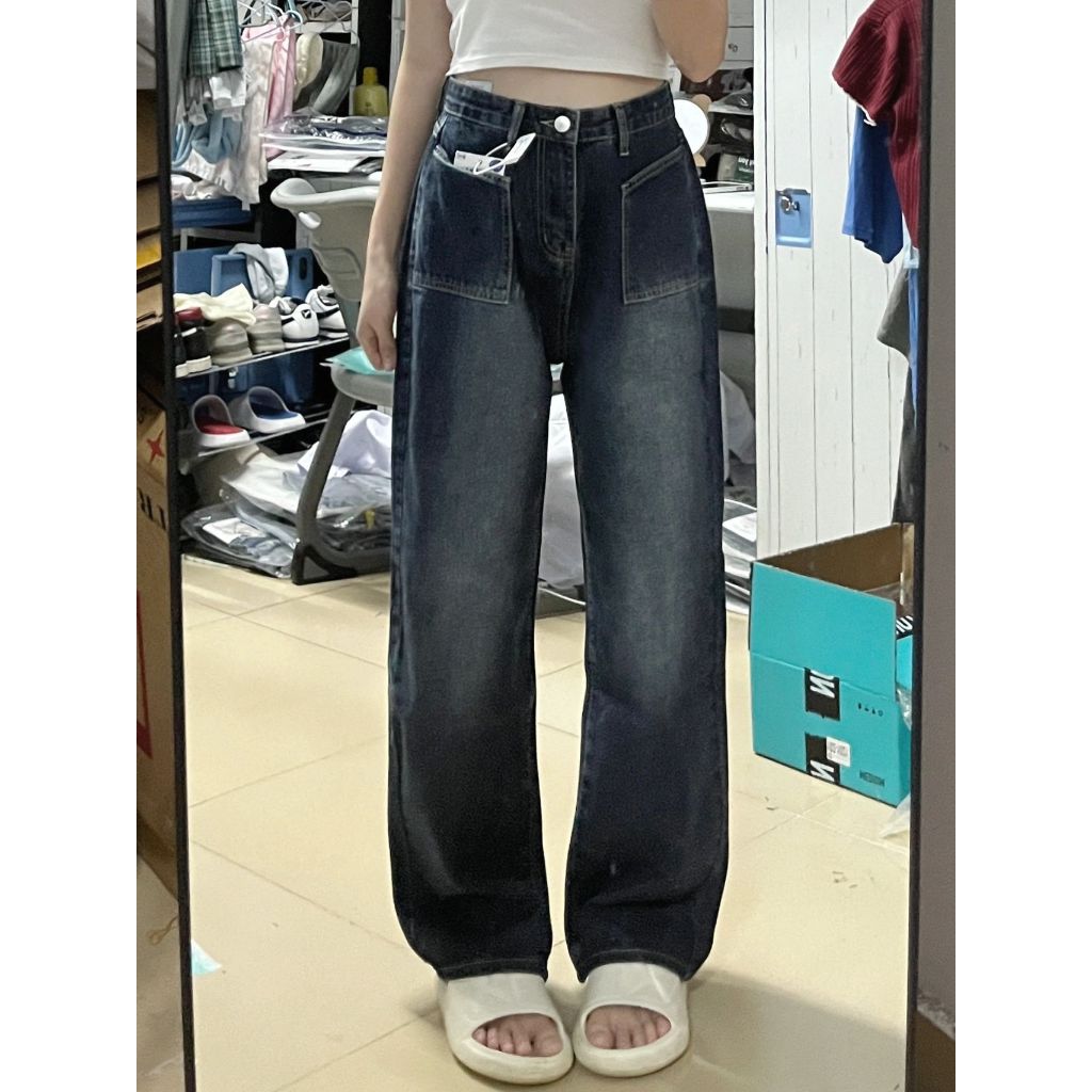 Celana jeans saku depan longgar retro wanita biru kulot jeans wanita korean style realpict