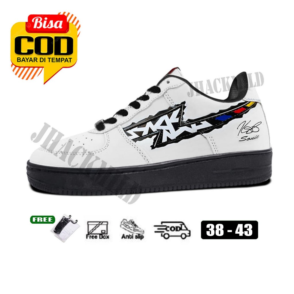 Sepatu (Free Kaos Kaki) Sneakers Putih Hitam Sneaker Air One Nets Broklyn Black White Sepatu  Casual