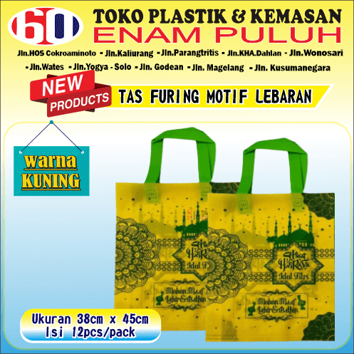 

Tas Furing motif Lebaran 38x45 kuning hijau handle idul fitri tebal spunbond parcel souvenir