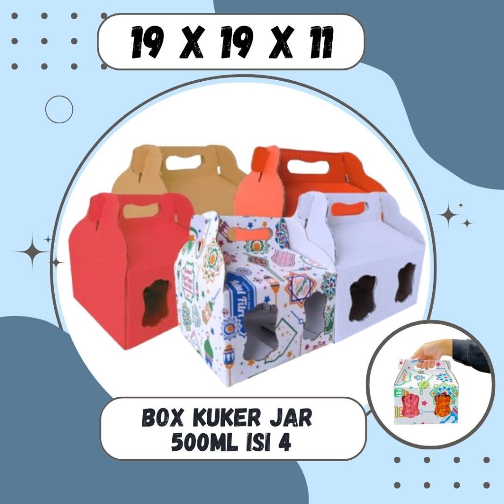 

Box Kuker 19x19x11 Jinjing (KUKER TOPLES JAR 500ml Isi 4) Kardus Kue Kering / Idul Fitri /Hampers / Lebaran / Gable Box Polos/Motif