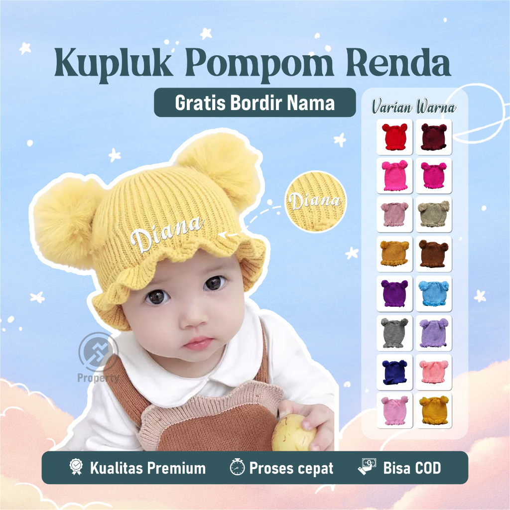 Topi Kupluk Rajut Anak Bayi Pompom Renda Free Bordir Nama