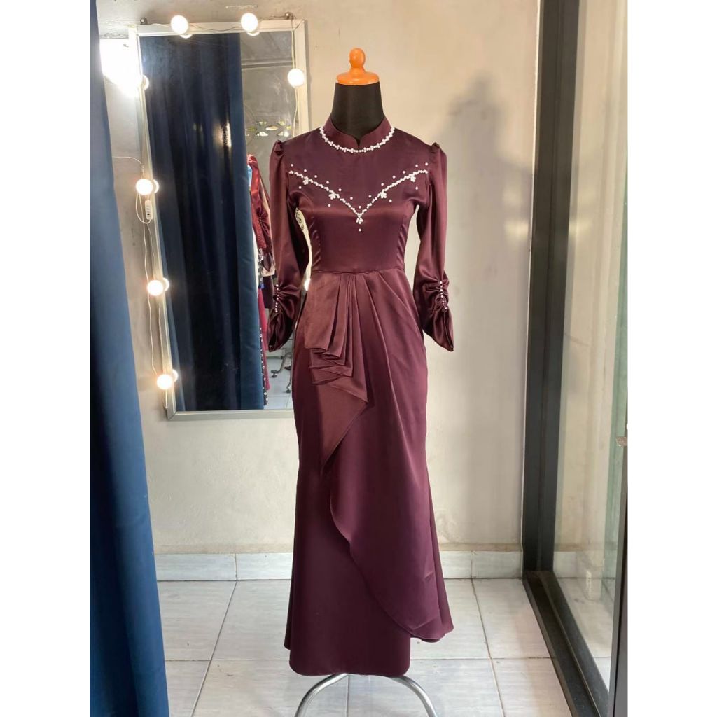 Rashiqa Dress Burgundy Satin Silk Burgundy Satin Kondangan Duyung Dress Gradasi Tile Spesial Bridesm
