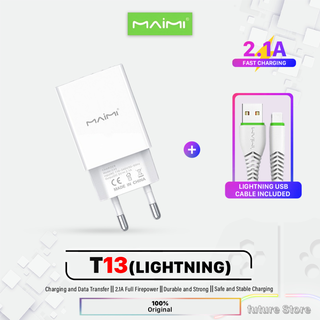 MAIMI T13 Adaptor Kepala Charger Dual USB+usb to lightning/iphone Travel Charger 2.1A-SMARTCHARGER K