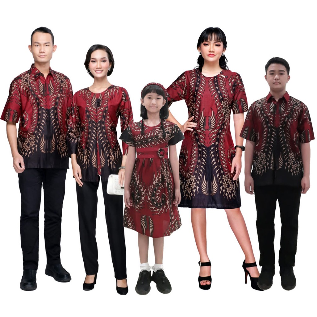 Baju Set Couple Keluarga Batik Katun Monica Merah Maroon