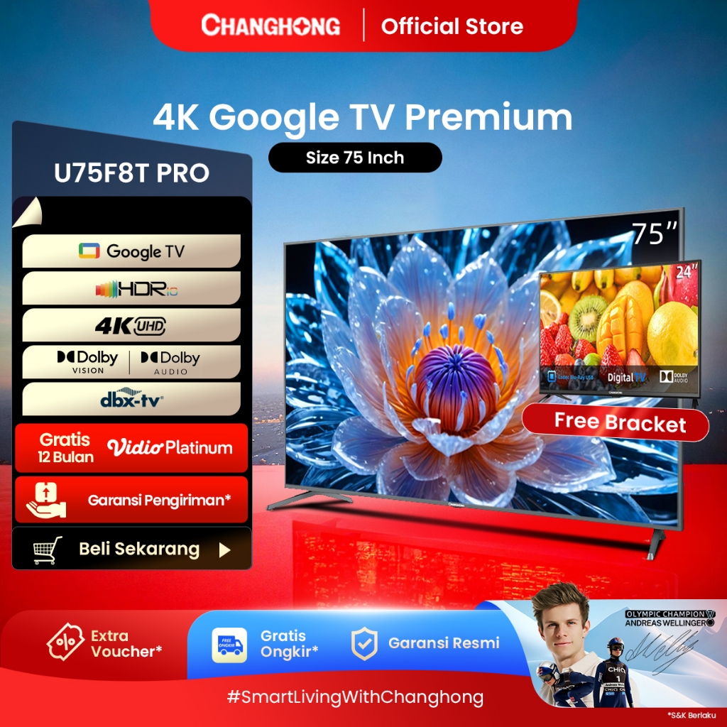 【Beli TV Gratis TV】Google TV Changhong 75 Inch 4K  UHD Smart Digital LED TV-Google Assistant-UHD-Wif