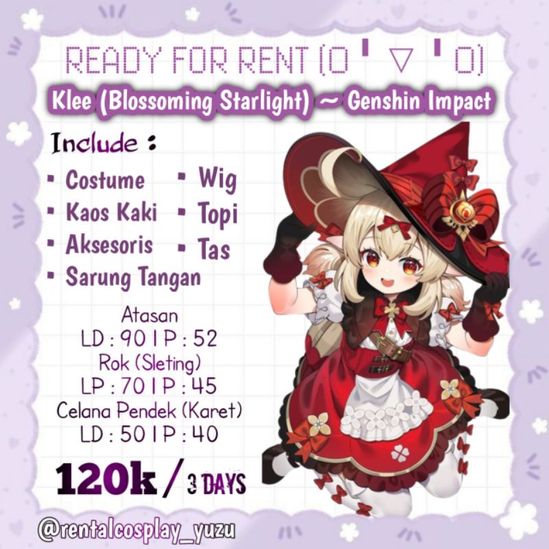 SEWA RENTAL KLEE SKIN BLOSSOMING STARLIGHT GENSHIN IMPACT COSTUME COSPLAY ANIME KOSTUM